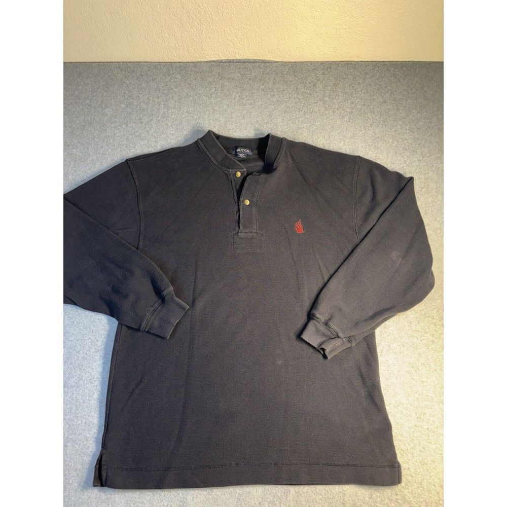 nautica thermal waffle knit long sleeve shirt size large Black